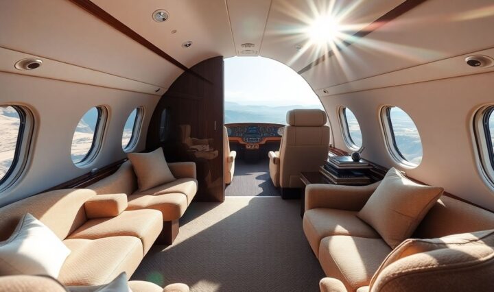 NetJets private jet interior with scenic view.