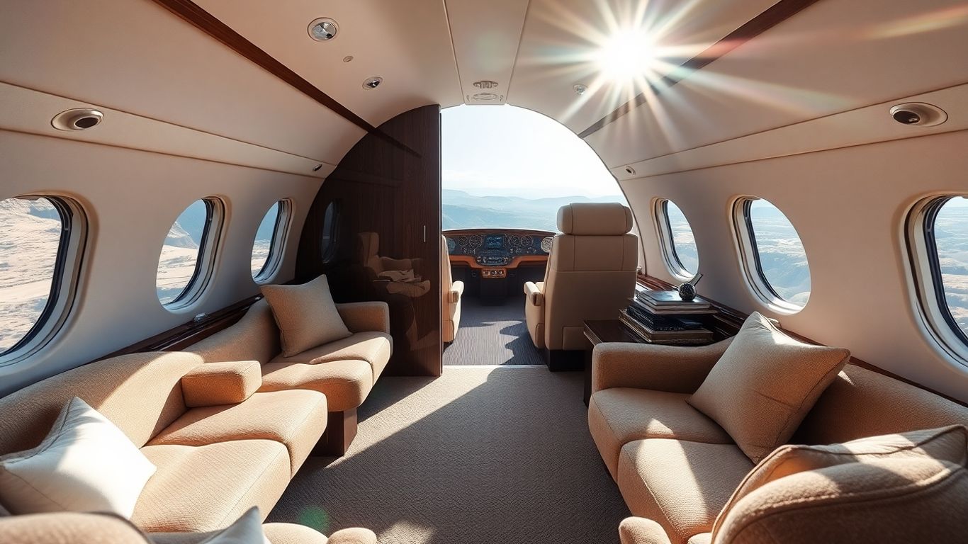 NetJets private jet interior with scenic view.