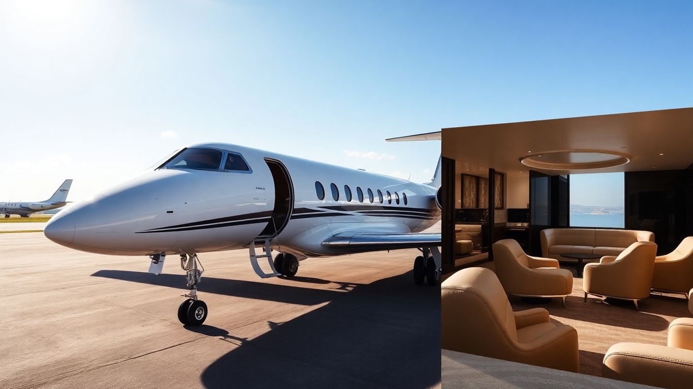 Private jet on tarmac, luxury travel experience.