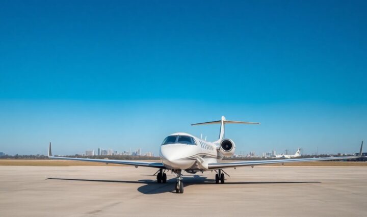 Private jet on Dallas tarmac with skyline.