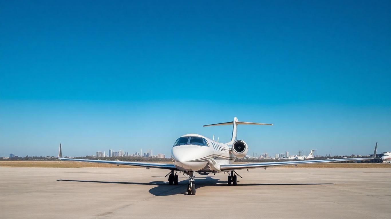 Private jet on Dallas tarmac with skyline.