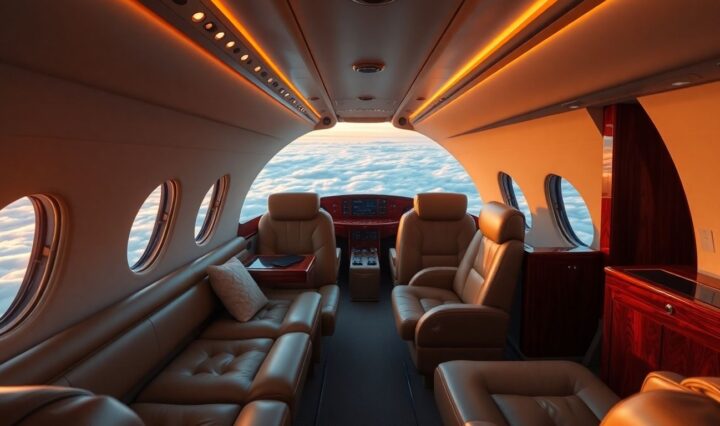 Luxury private jet interior with opulent seating and sunset view.