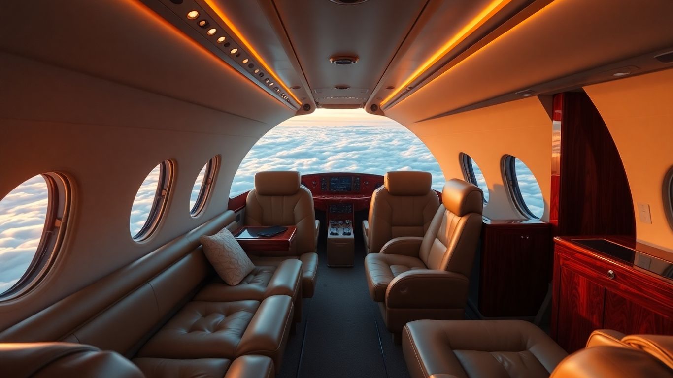 Luxury private jet interior with opulent seating and sunset view.