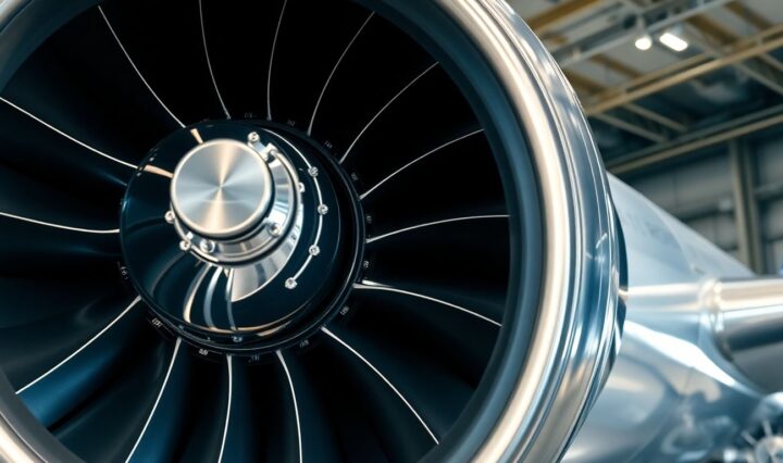 Rolls Royce jet engine close-up, industrial lighting.