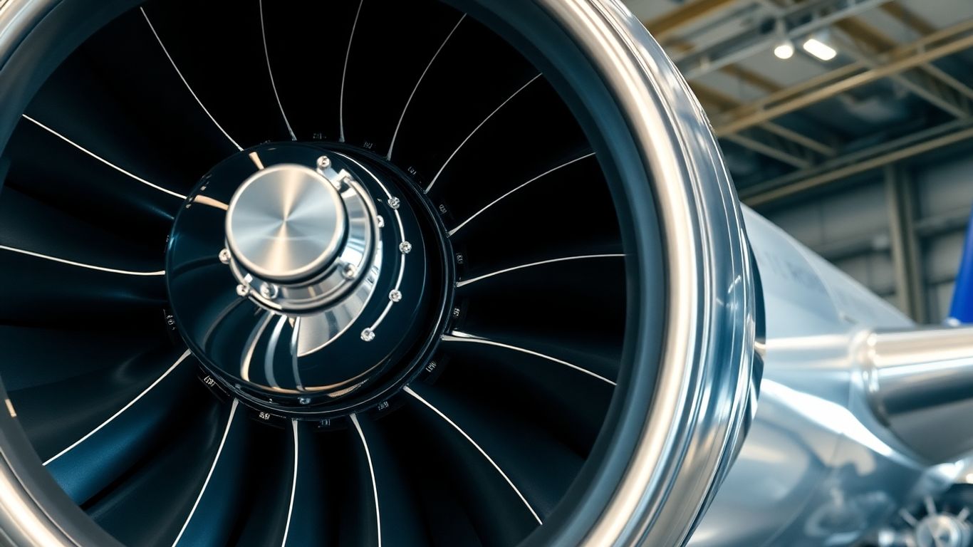 Rolls Royce jet engine close-up, industrial lighting.