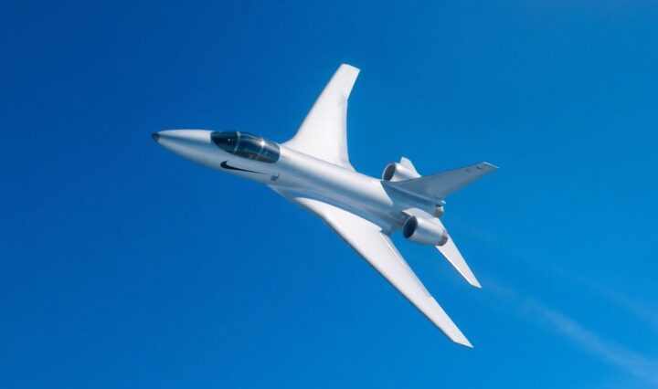 Nike jet aircraft flying high in the sky.