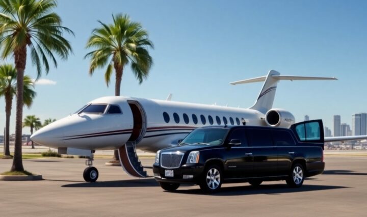 Private jet on runway with New Orleans skyline