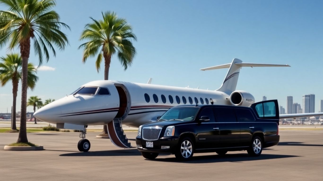 Private jet on runway with New Orleans skyline