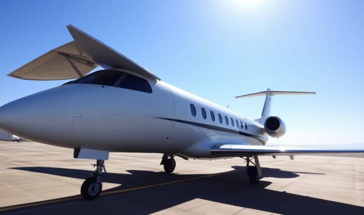 Sleek private jet on a sunny tarmac.