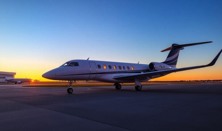 Luxury Flexjet jet on airport runway at sunset