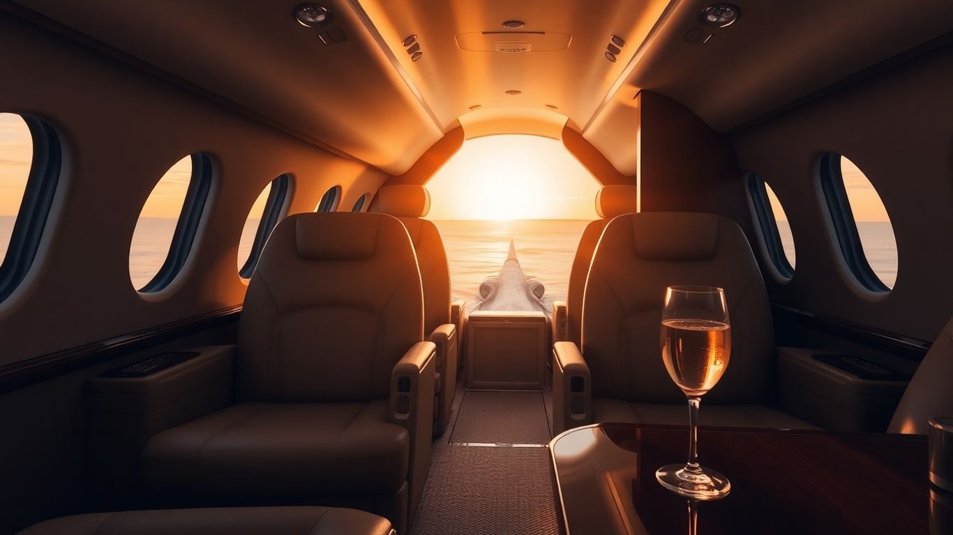 Luxury private jet interior with leather seats and sunset view.