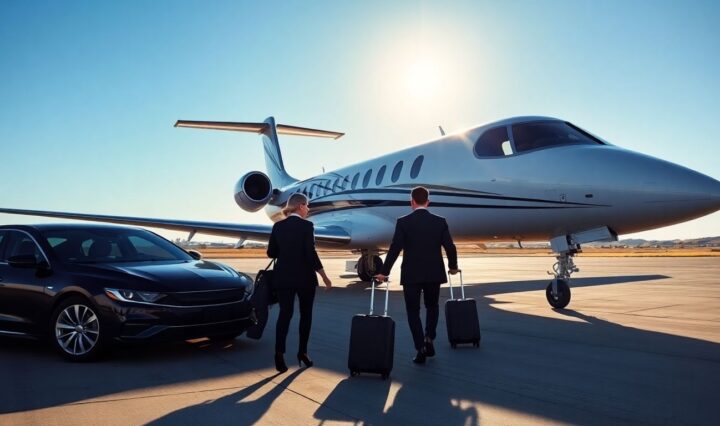 Private jet and travelers on sunny airport runway