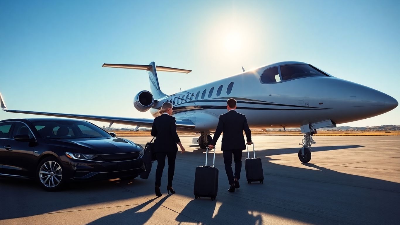 Private jet and travelers on sunny airport runway