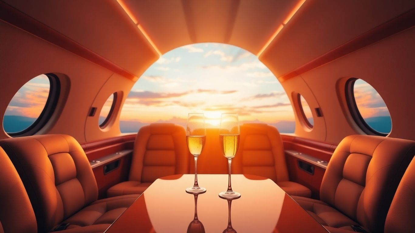 Luxurious private jet interior with sunset view.