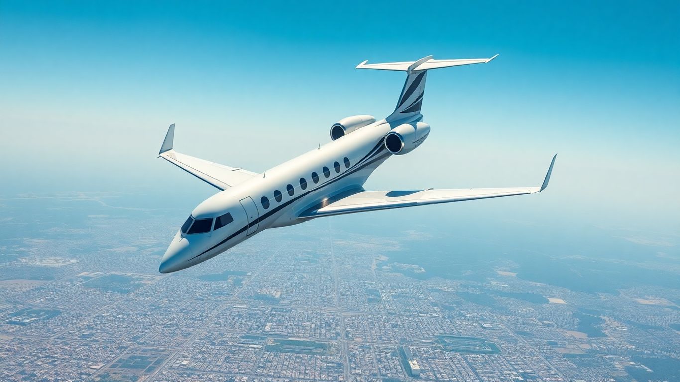 Private jet flying over a city skyline.