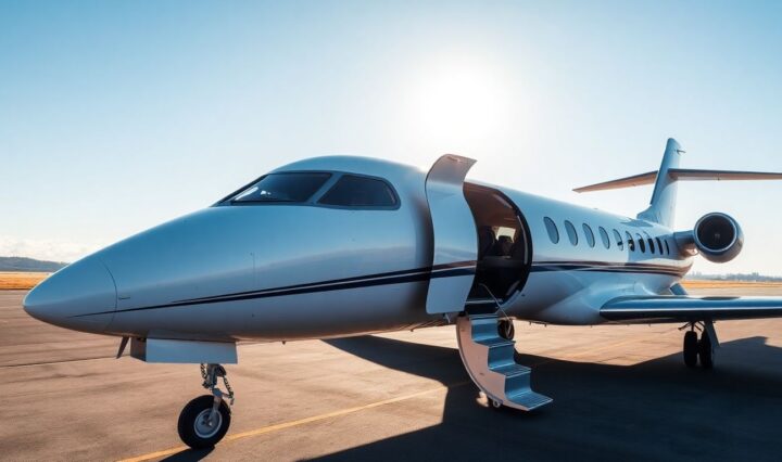 Luxury private jet on tarmac, ready for flight.