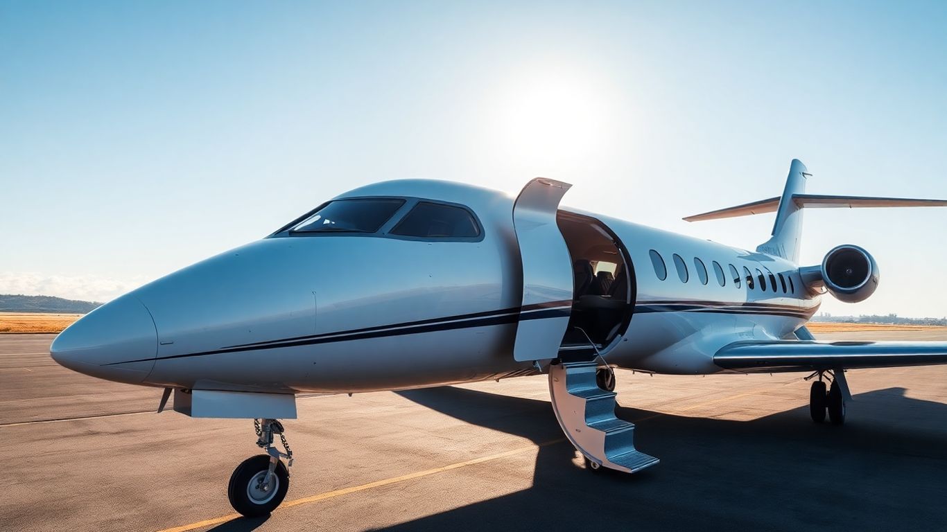 Luxury private jet on tarmac, ready for flight.