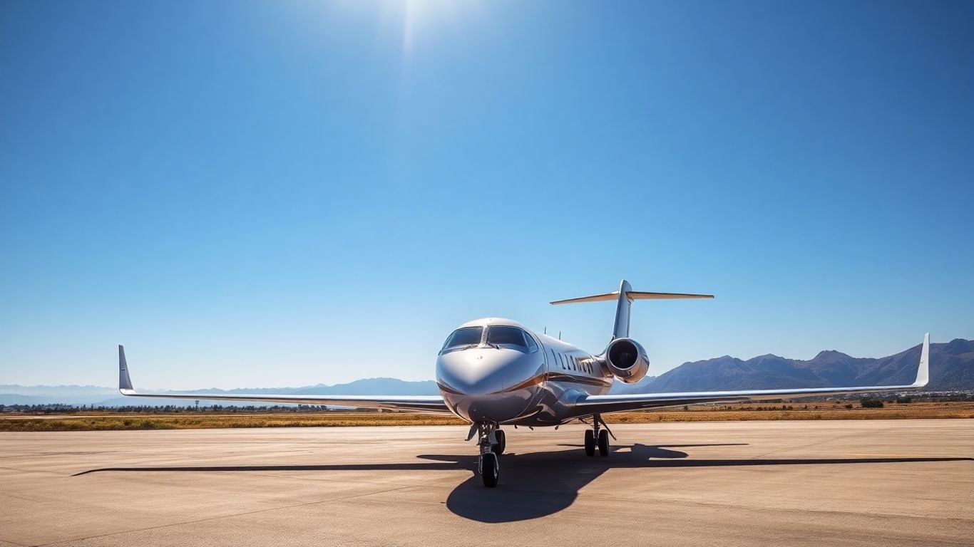 Luxurious private jet on tarmac, mountains in background.