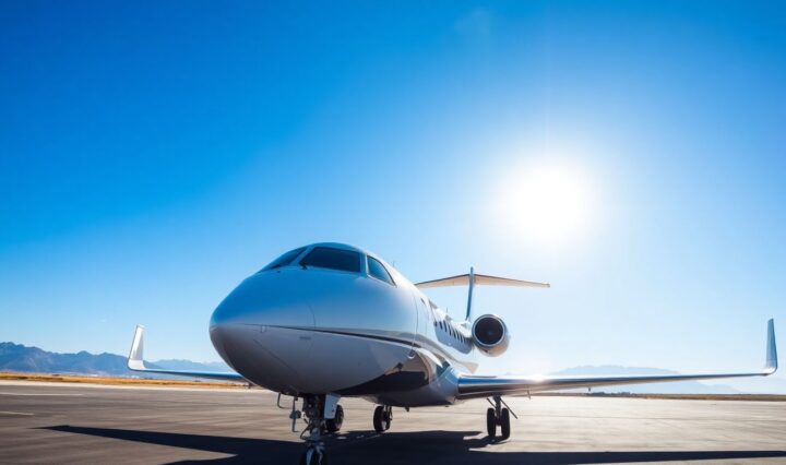 Luxurious private jet on tarmac, mountains in background.