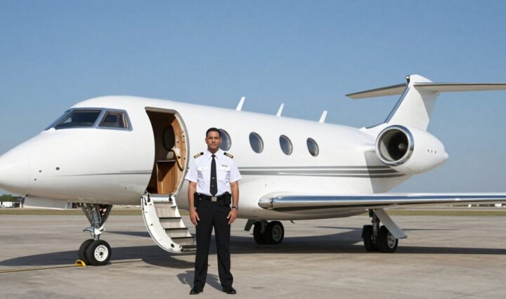NetJets private jet and pilot on tarmac.