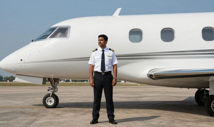 Pilot near a Flexjet private jet on tarmac.