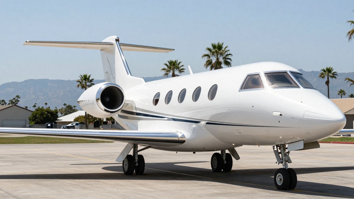 Sleek private jet on California tarmac with mountains.