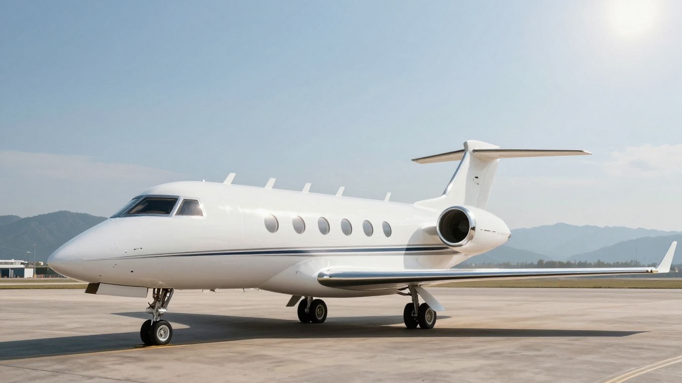 Private jet on tarmac, ready for flight.