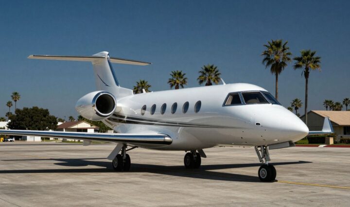Sleek private jet on California tarmac, luxury flight