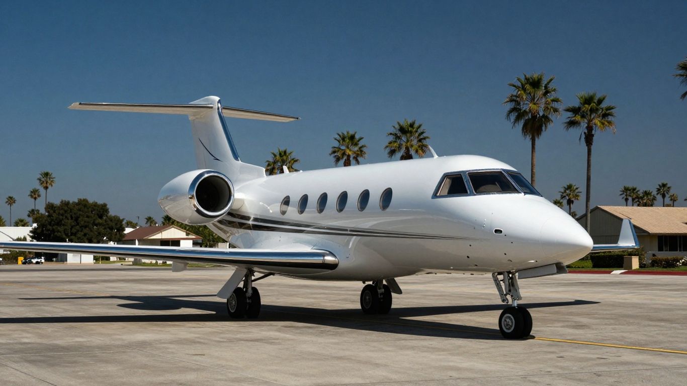 Sleek private jet on California tarmac, luxury flight
