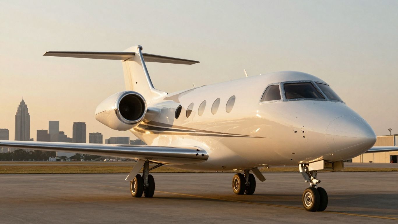 Private jet on Dallas tarmac at sunset.