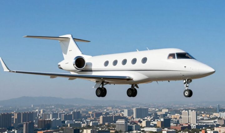 Luxurious private jet flying over a city skyline.