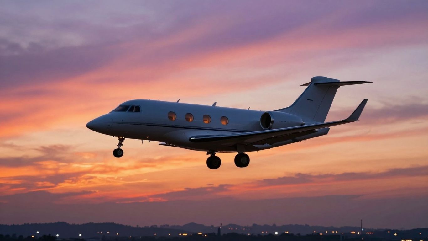 Private jet flying at sunset, luxury travel.