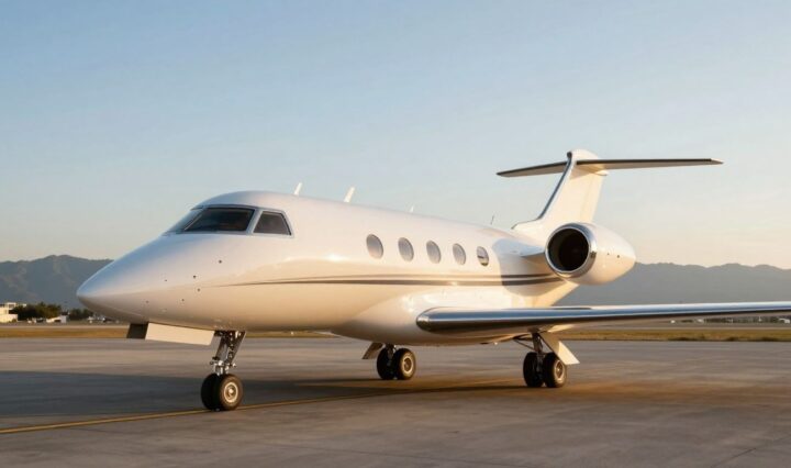Luxury private jet on tarmac at sunset.
