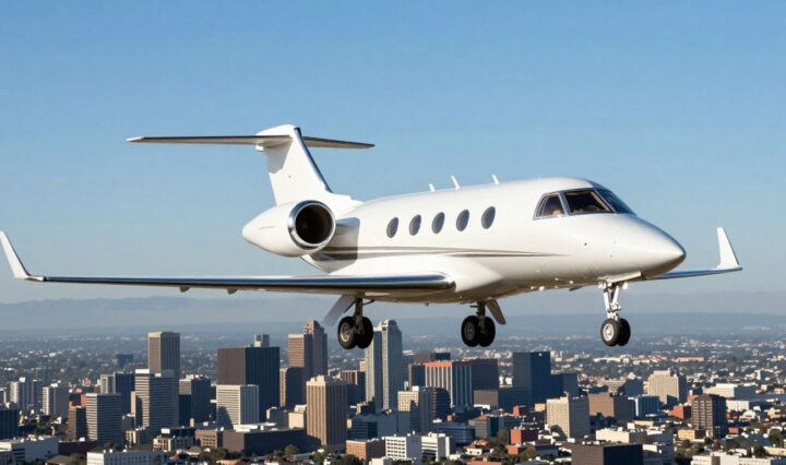 Private jet flying over a city skyline.