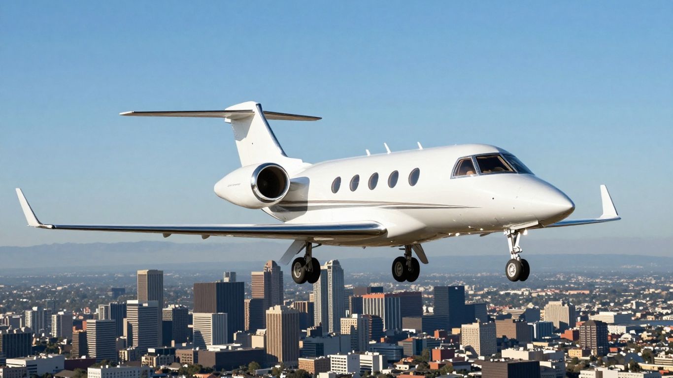 Private jet flying over a city skyline.
