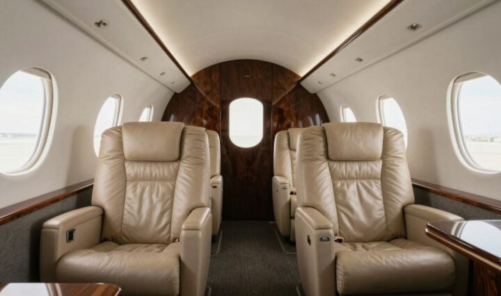 Interior of a luxurious private jet with leather seats.