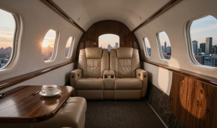 Interior of a luxurious private jet with city view.