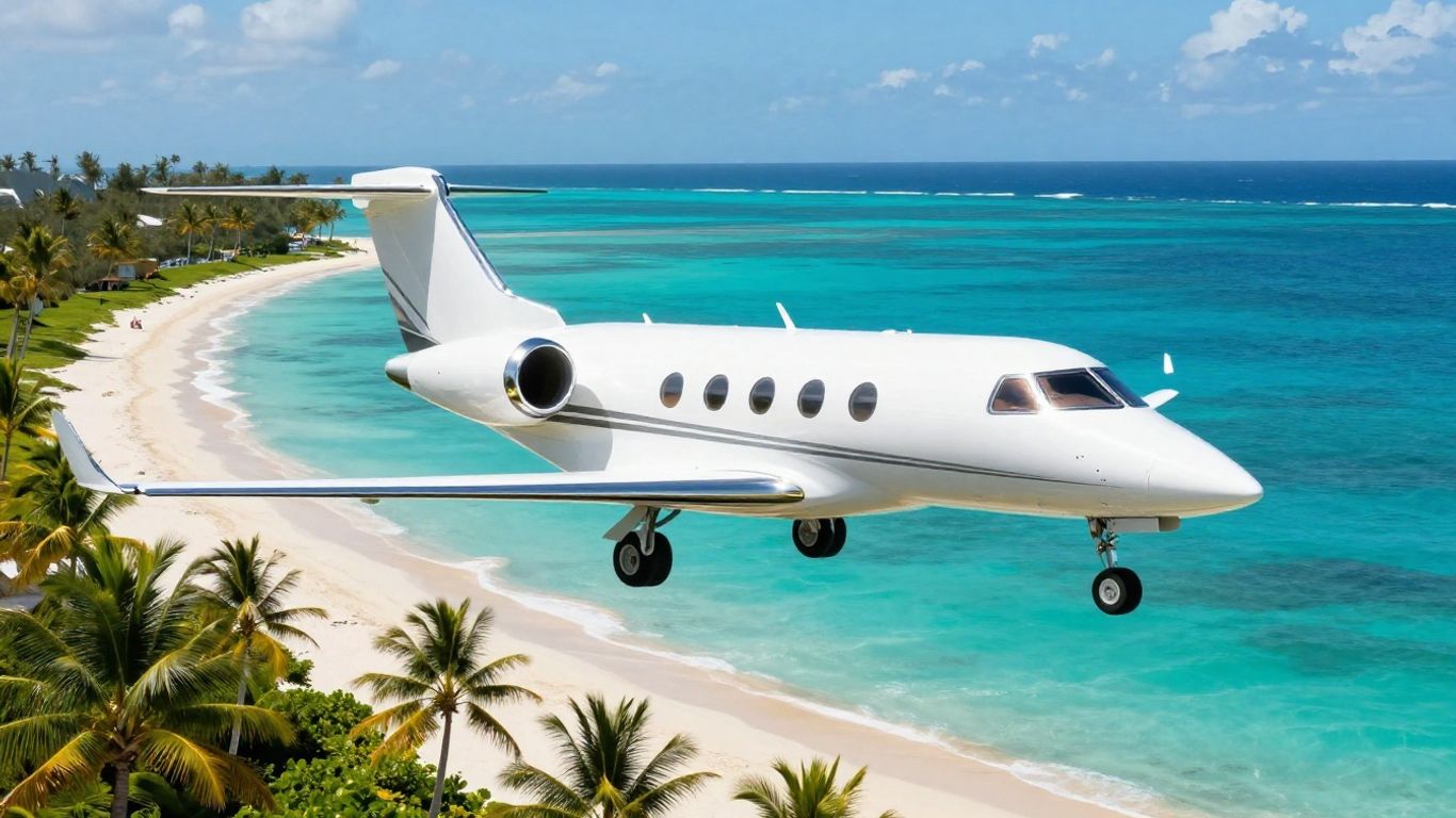 Private jet flying over turquoise waters to the Bahamas.