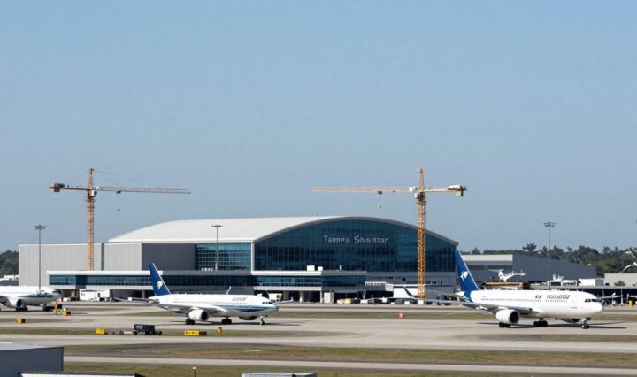 Sheltair Tampa airport expansion with aircraft and cranes.