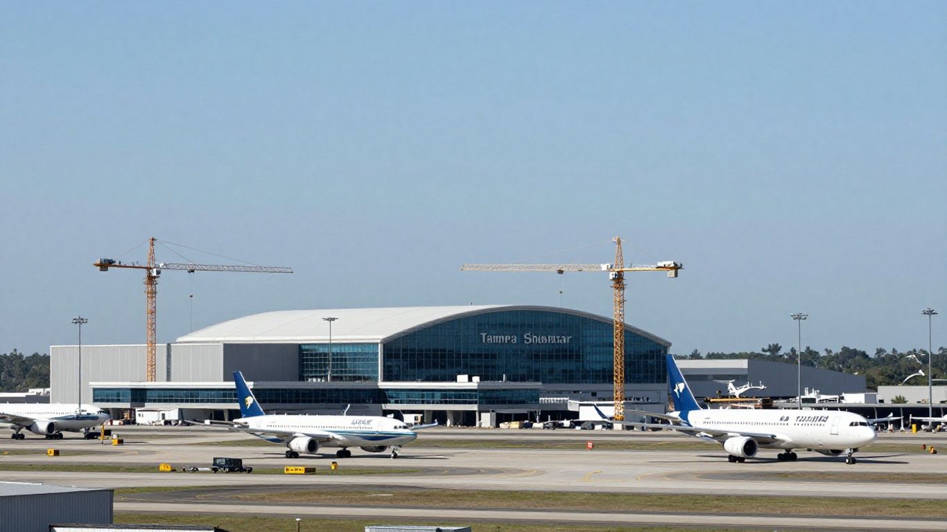Sheltair Tampa airport expansion with aircraft and cranes.
