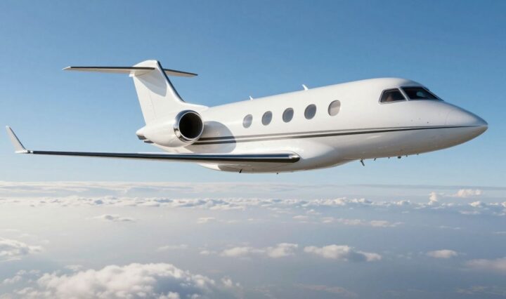 Private jet flying through the sky.