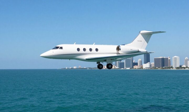 Private jet flying from NYC to Miami over ocean.