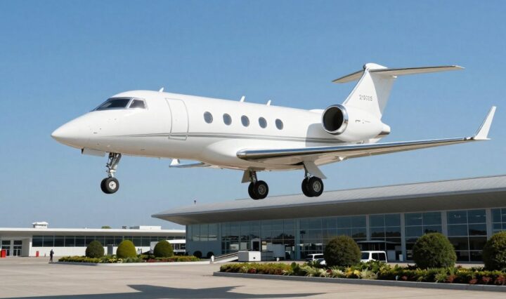 Private jet taking off from an airport.