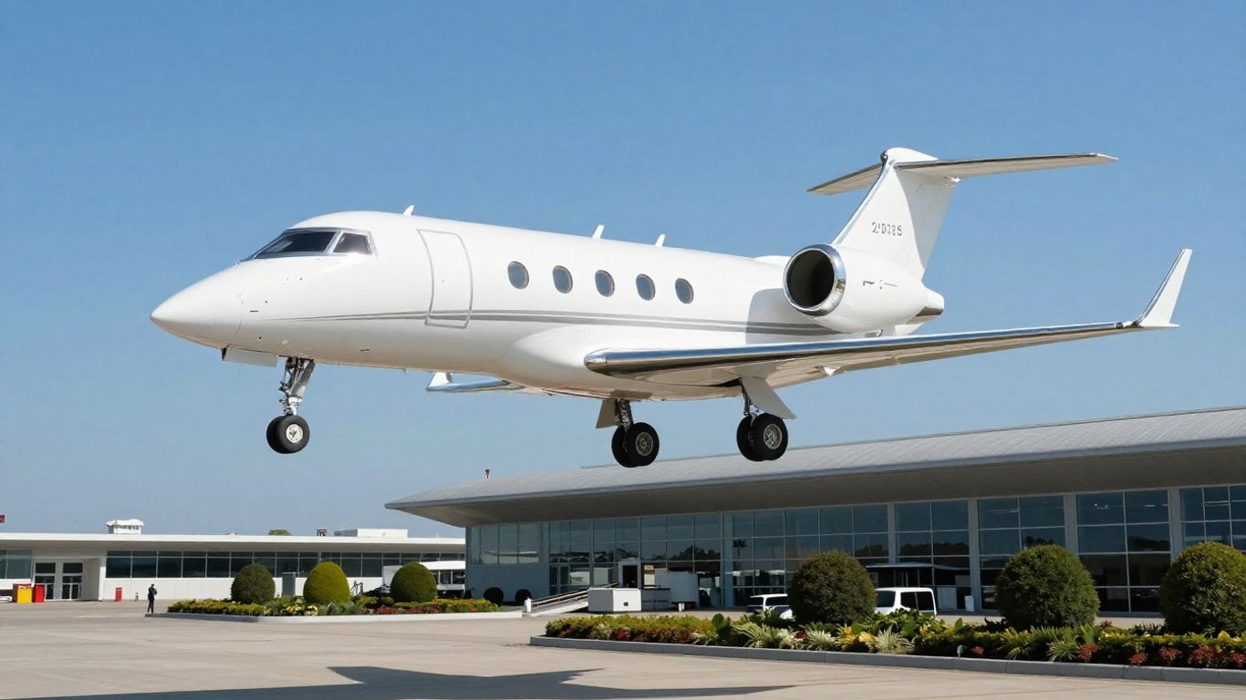 Private jet taking off from an airport.