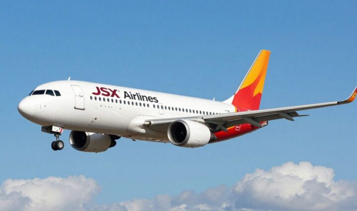 JSX Airlines plane flying in a blue sky.