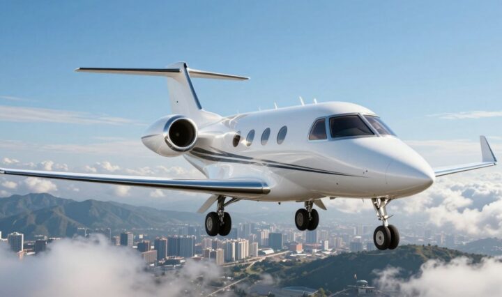 Private jet flying over a city skyline.