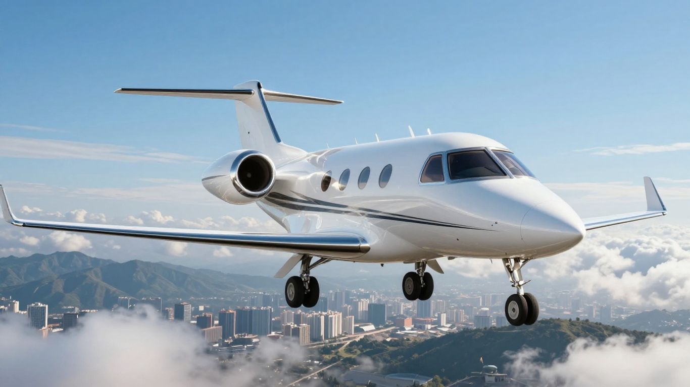 Private jet flying over a city skyline.