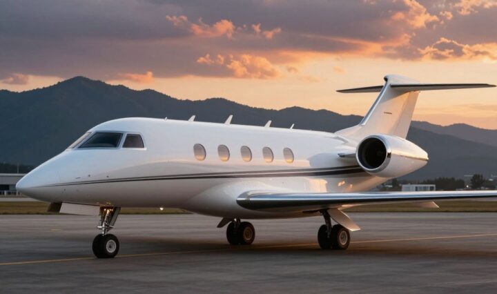 Modern private jet on a runway at sunset