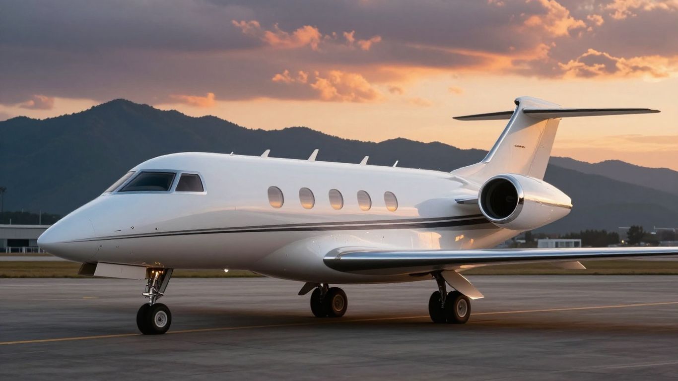 Modern private jet on a runway at sunset