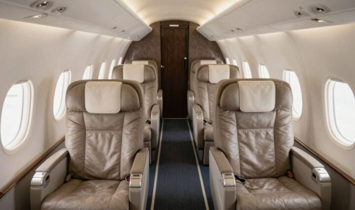 Luxurious semiprivate airplane cabin with comfortable seating.